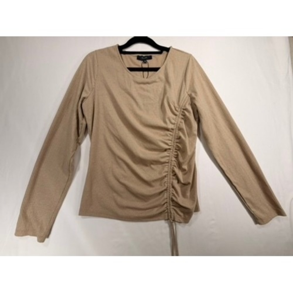 Eclair Ruched Side Top Womens Large Tan Ribbed Lurex Long Sleeve Excellent Cinch